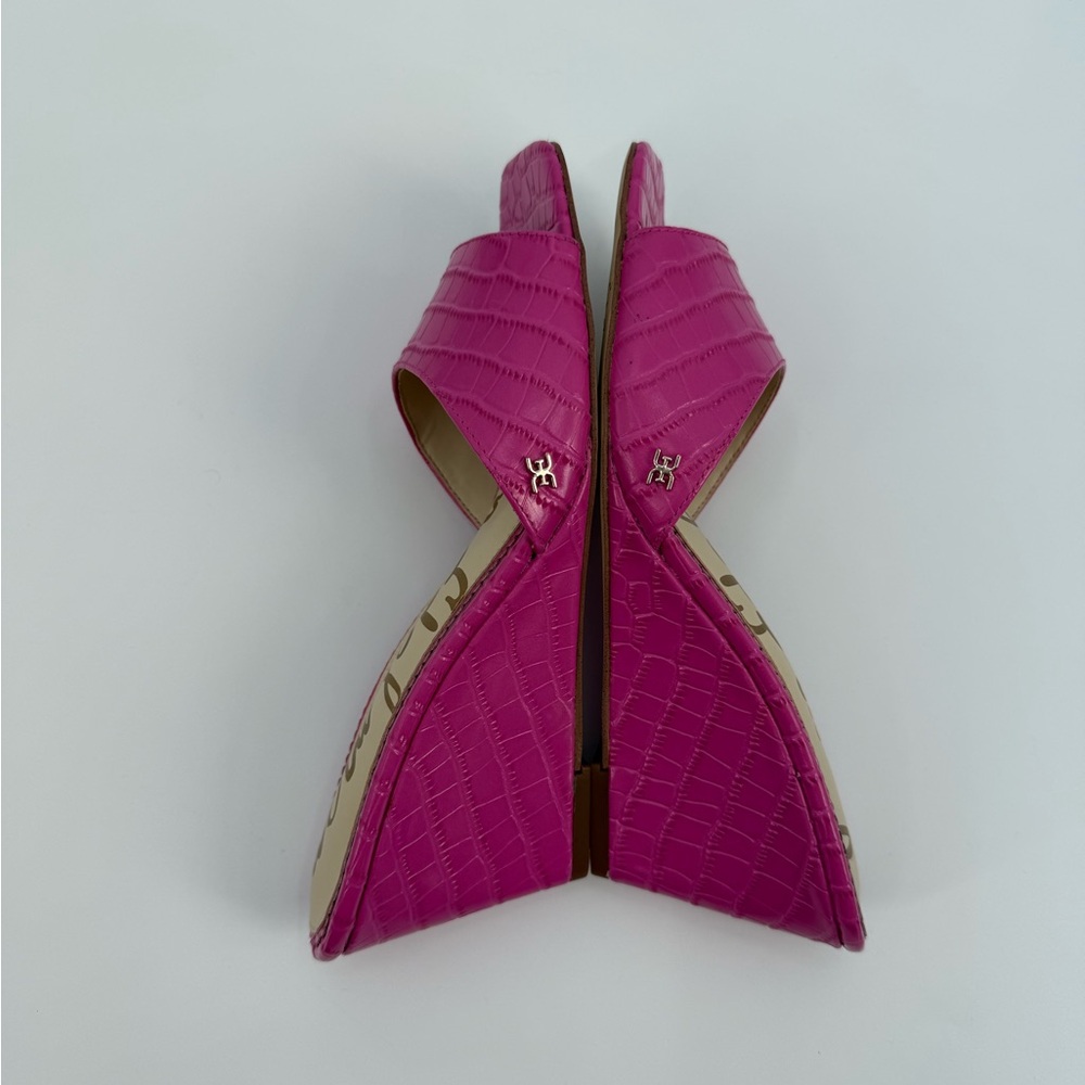 Sam Edelman Tesma Croc-Embossed Wedge Mules Hot -Pink Chic Statement Heels SZ-8 - Picture 13 of 17